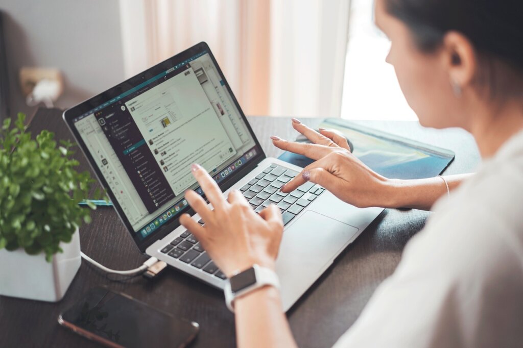 woman enrolling in online vocational training course on computer