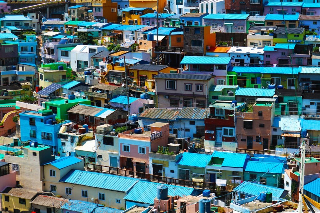 countryside village with colorful small houses in South Korea, golden hour light