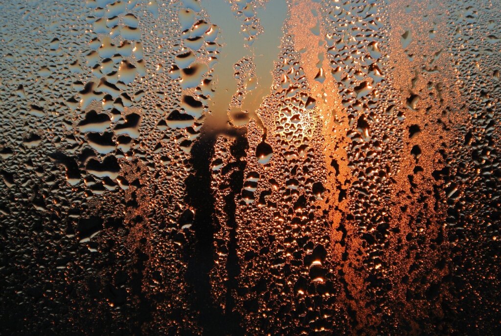 condensation on single pane window in winter morning